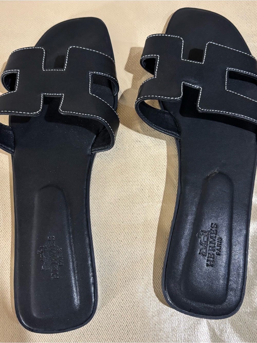 Hermes Black Slide Sandals with White Contrast Stitching. Made in Italy